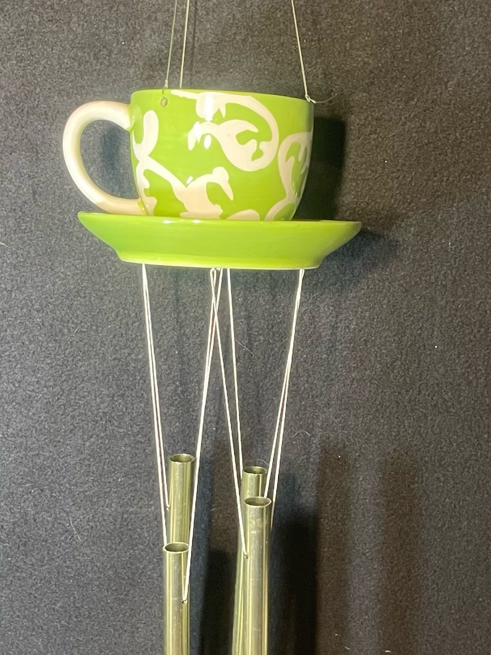 Bright Green Ceramic Cup & Saucer Wind Chime - Decorative Hanging Accent